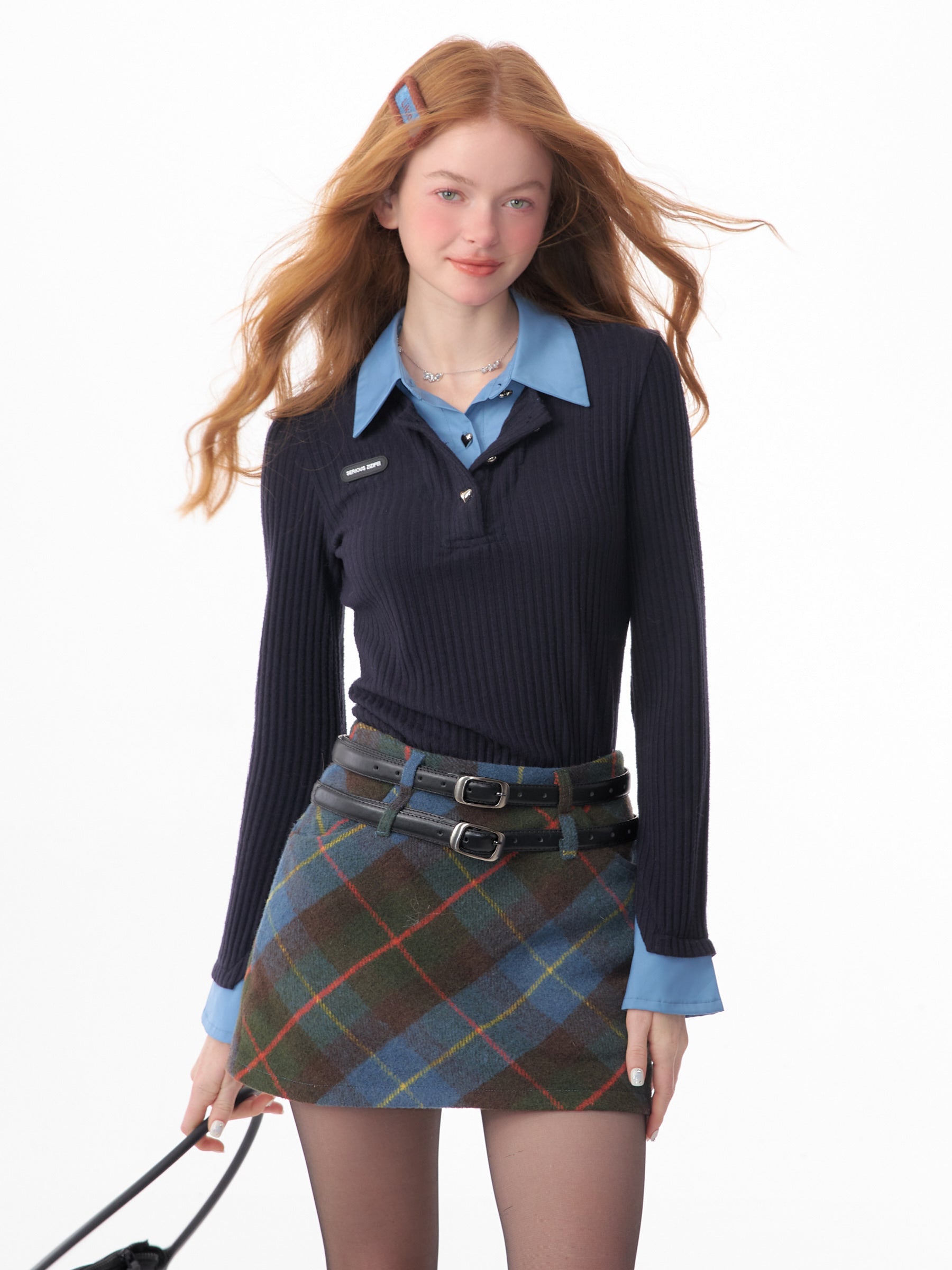 Retro Fake Two-Piece Bell Sleeve Polo Top