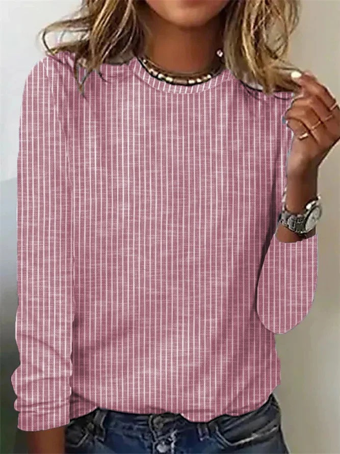 Women's Striped Round Neck Loose Casual Long-Sleeve T-Shirt