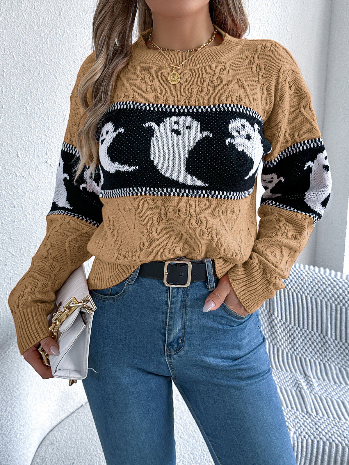 Women Ghost Color Block Long Sleeve Pullover Sweater
