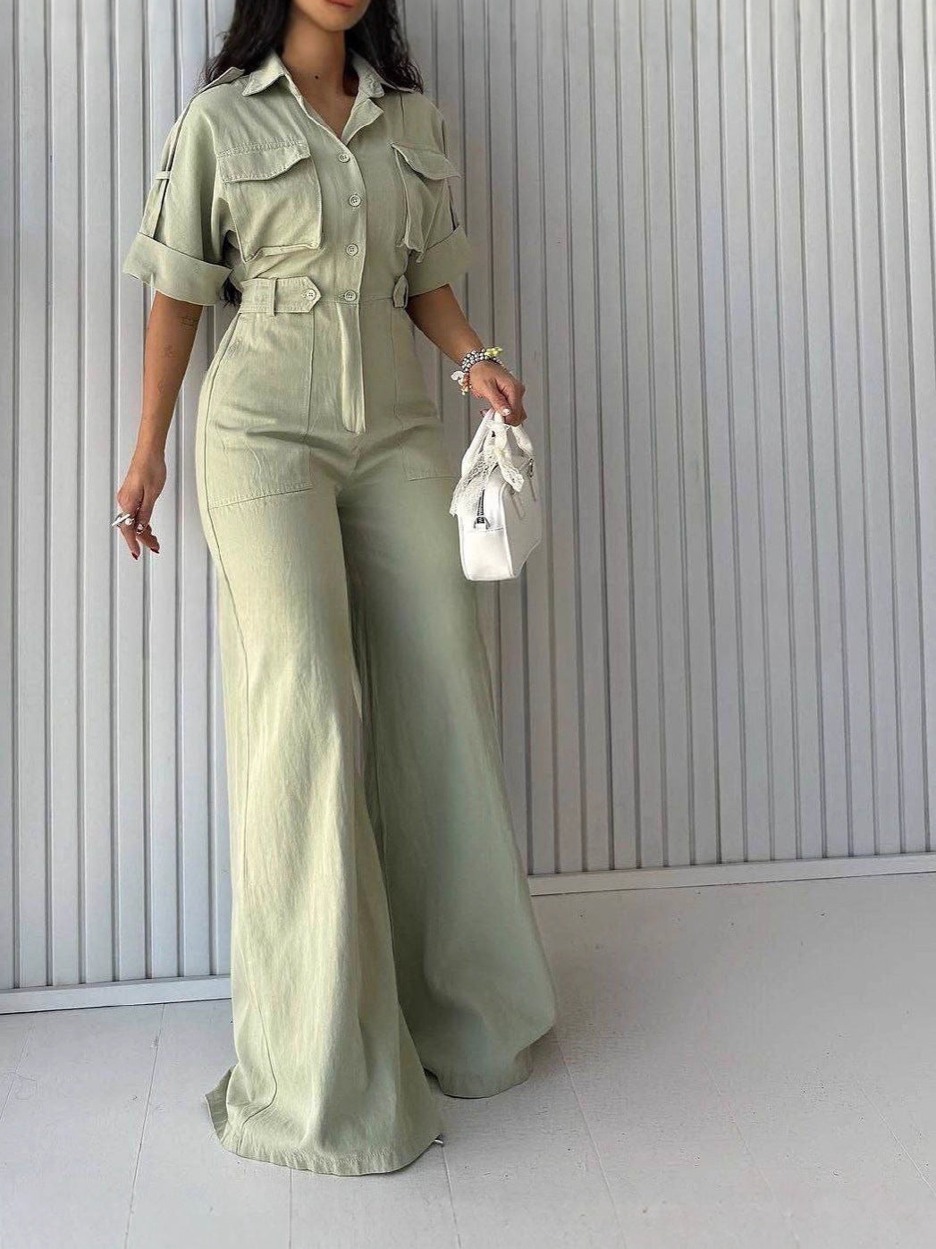 Waist-Cinching Wide-Leg Lapel Overalls