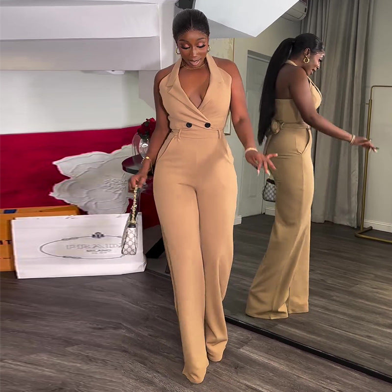 Backless Halter High-Waist Casual Pocket Jumpsuit