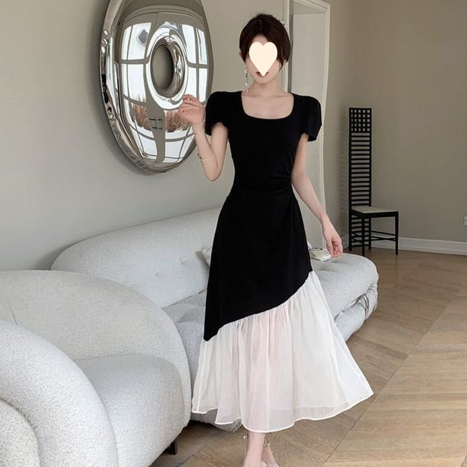 Figure-flattering Patchwork Maxi Dress Audrey Hepburn Style Color-block Skirt for Curvy Women