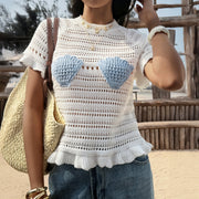 Lightweight Hollow‑Out Knit Resort Top – Short Sleeve, Breathable