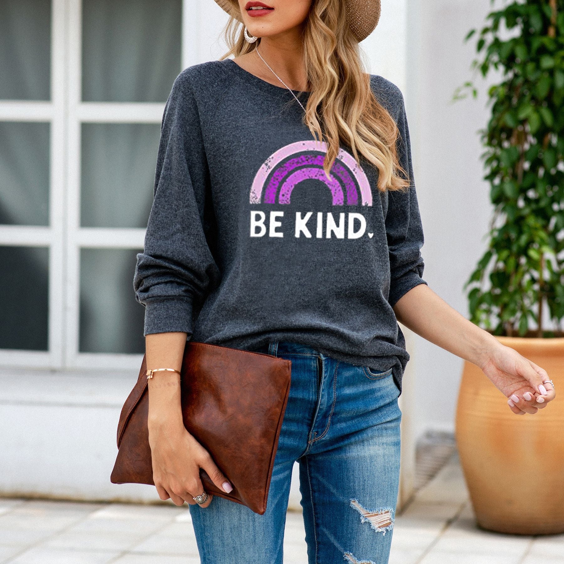 Casual Rainbow Print Crewneck Sweater