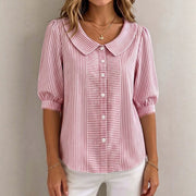 Loose-fitting Three-quarter-sleeve Striped Shirt With A Lapel Collar