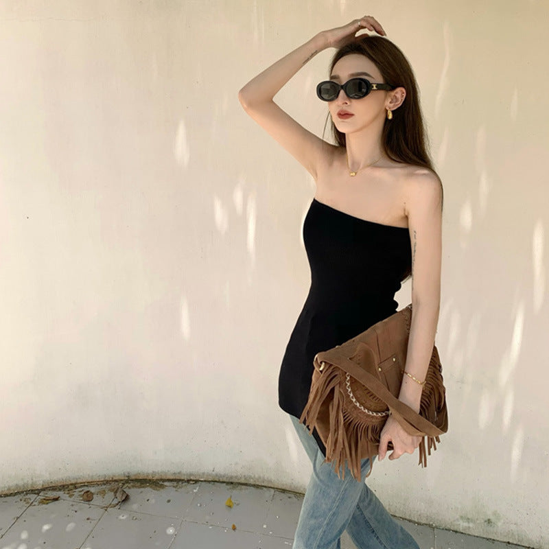 Backless Irregular Hem Tank Top & Straight Neck Bra Set