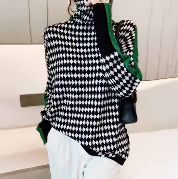 Cozy Plaid Jacquard Turtleneck Knit Sweater for Women