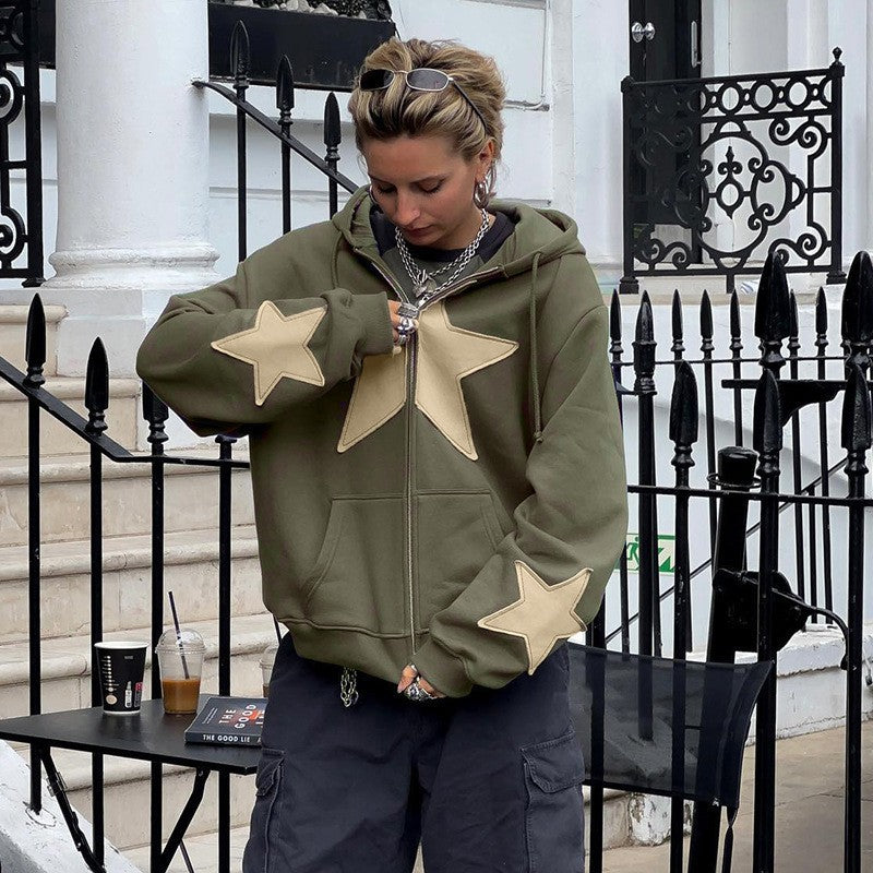 Star Patch Zip-Up Oversized Hoodie Streetwear