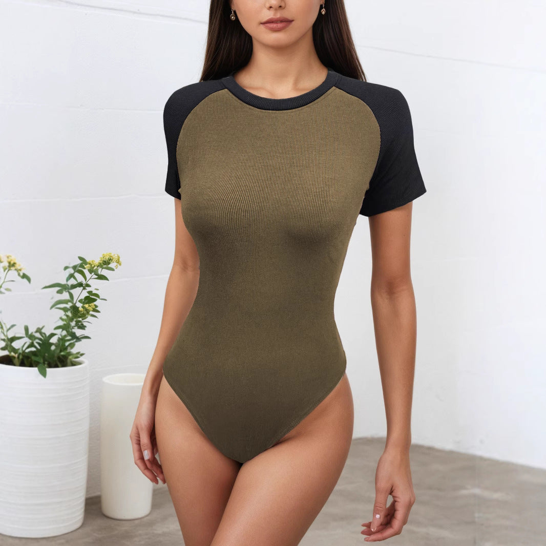 Women's Contrast Color Short-Sleeve Jumpsuit