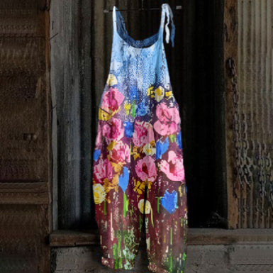 Women's Printed Street Hipster Fashion Multi-color Cotton And Linen Suspender Jumpsuit