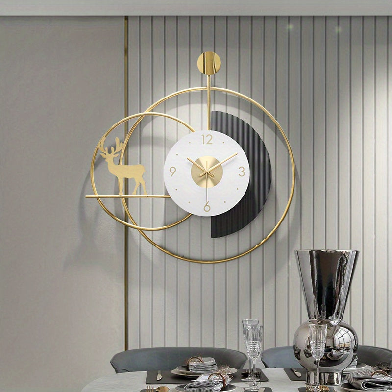 Large Modern Wall Clock with Deer Motif - Silent, Battery-Operated Metal Clock for Living Room, Kitchen, Bedroom, Office - Elegant Geometric Design, Office Wall Clock|Geometric Wall Clock|Artistic Clock Design, Wall Clock Living Room