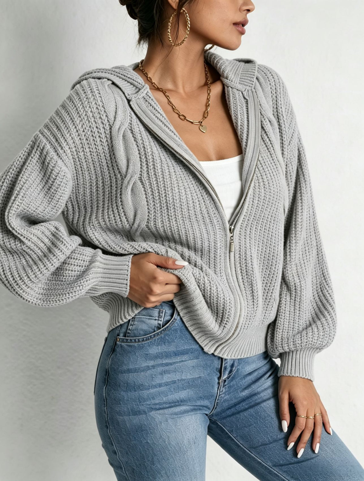 Autumn Womens Fallwinter Hooded Sweater Cardigan Solid-color Knitted Outerwear Top