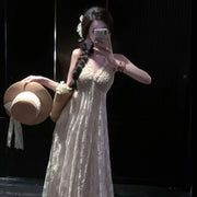 Lace-embroidered V-neck Halter Dress