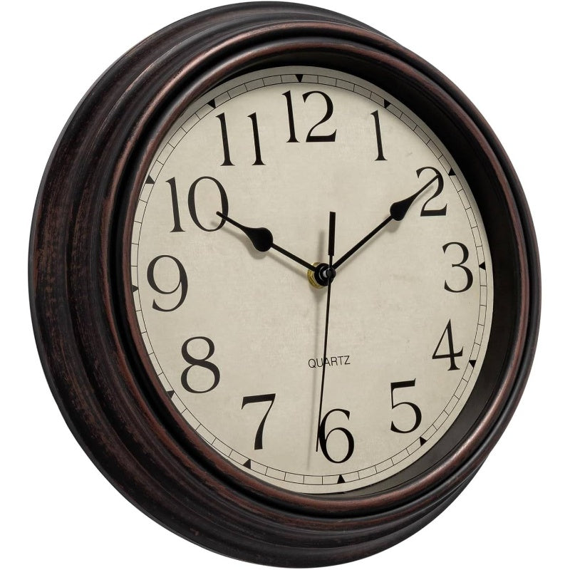 12 Inch Retro Silent Non-Ticking Quartz Wall Clock with Beige Face, Black Hands & Golden-Tone Arabic Numerals - Large Easy-Read Battery Operated Analog Clock for Living Room, Kitchen, Home Office - Maple Wood Frame (Bronze)
