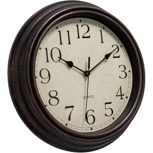 12 Inch Retro Silent Non-Ticking Quartz Wall Clock with Beige Face, Black Hands & Golden-Tone Arabic Numerals - Large Easy-Read Battery Operated Analog Clock for Living Room, Kitchen, Home Office - Maple Wood Frame (Bronze)
