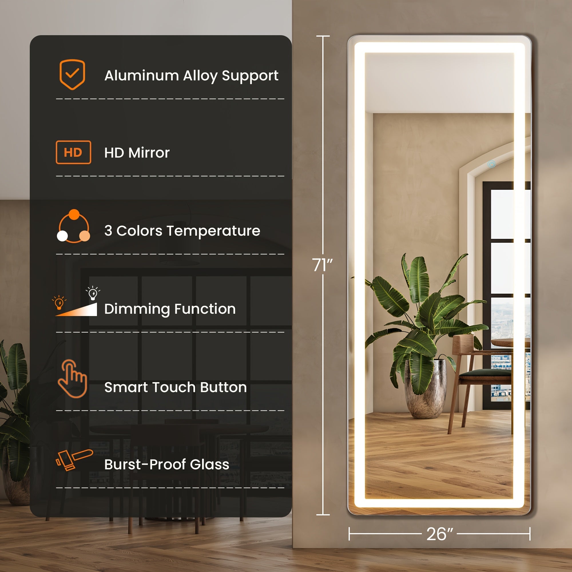Full-length floor mirror with aluminum frame for bedroom or living room