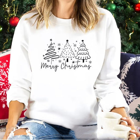 Festive Solid Color Christmas Crewneck Sweatshirt for Women