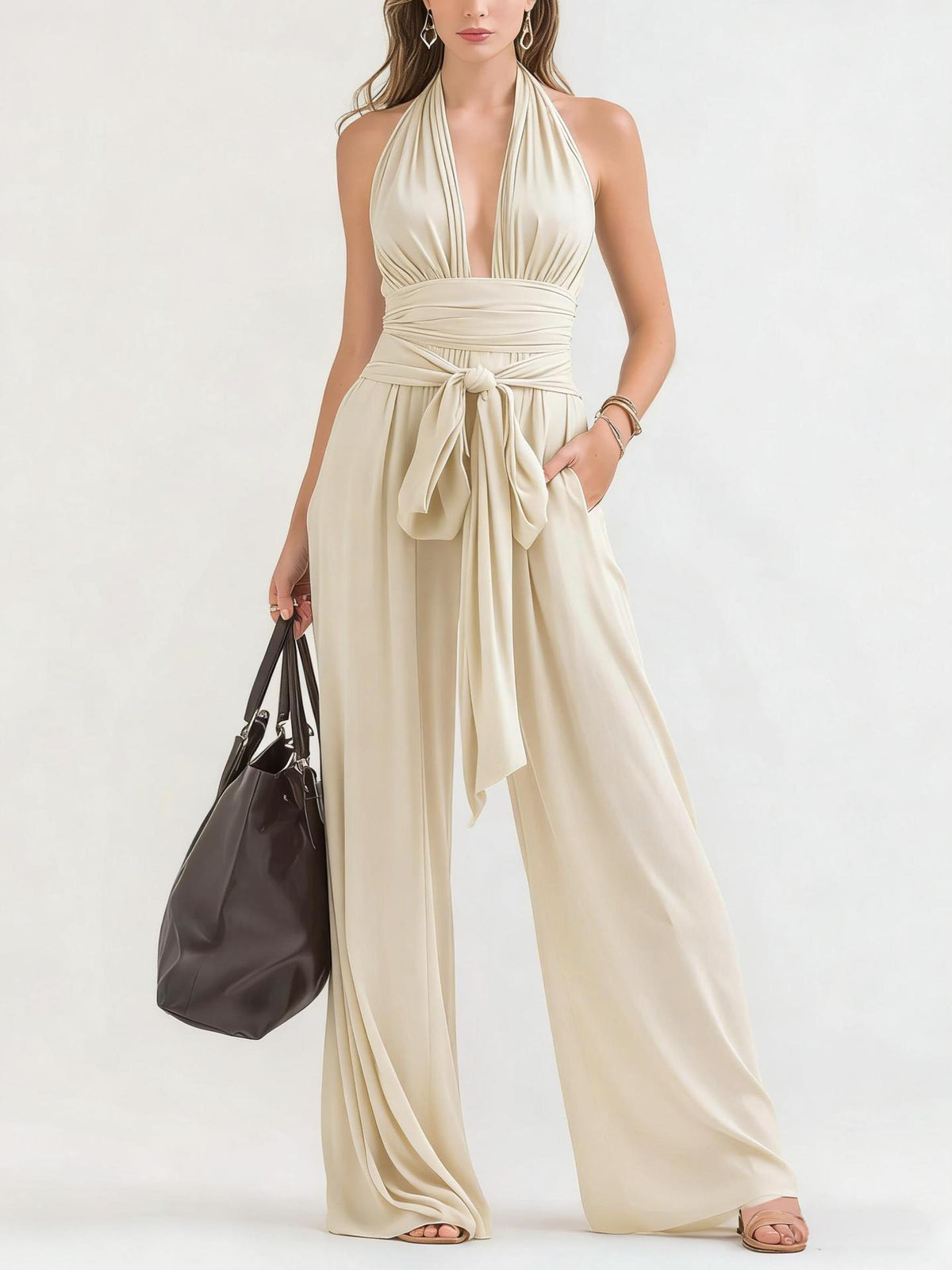 Halter-Neck V-Neck Solid Jumpsuit