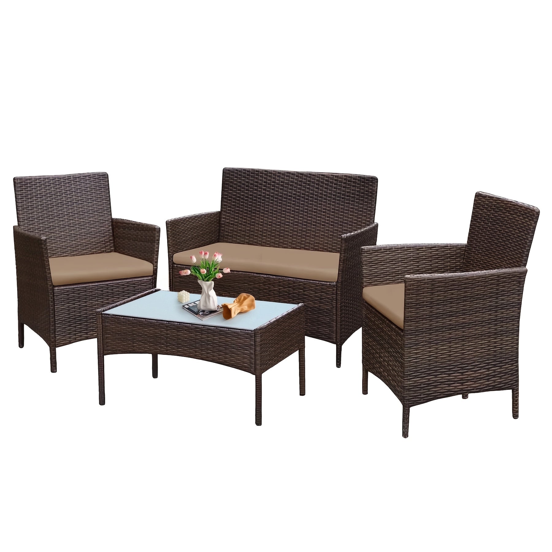[Outdoor Patio Couch Sets] 4pcs Outdoor Patio Couch Sets, PE Rattan Patio Conversation Furniture with 2 Thick And Soft Cushion Single Chairs, an Outdoor Loveseat And a Tempered Glass Table, All Weather Chat Sofa for Garden, Backyard, Porch, Poolside