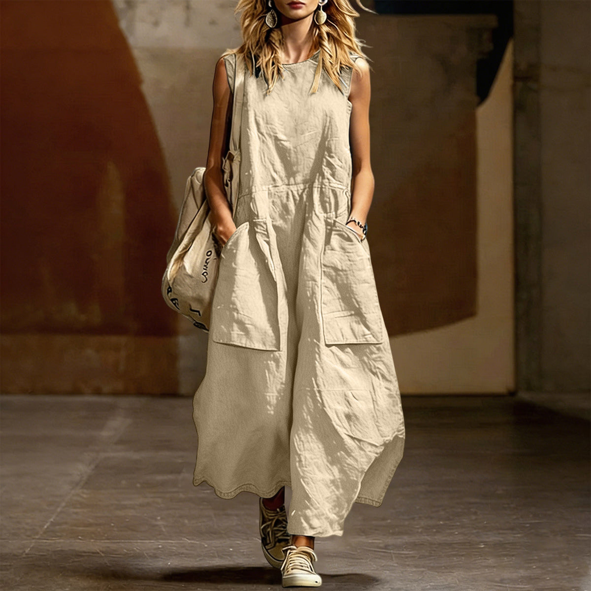 Washed-Crepe V-Neck Sleeveless Pocket Maxi Dress