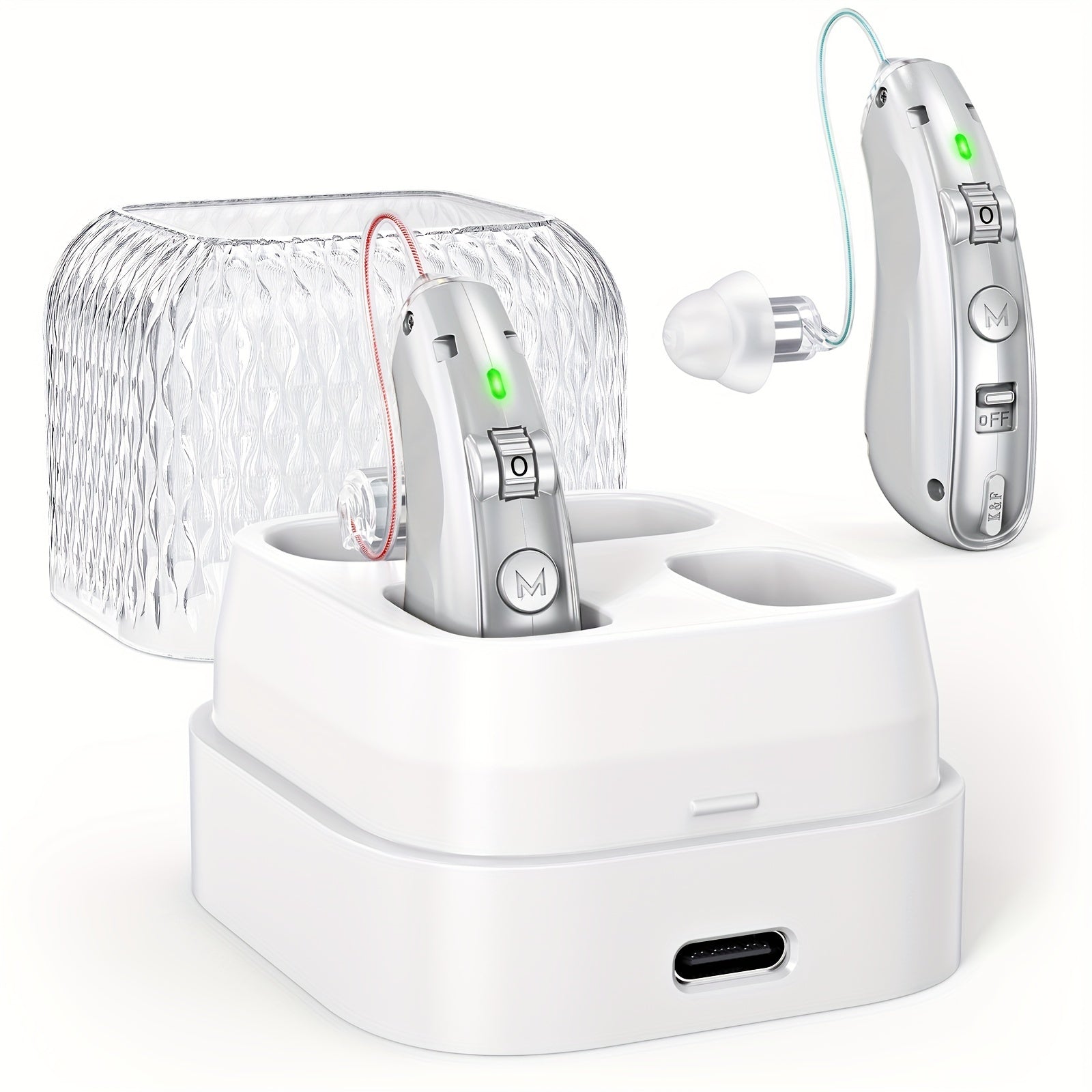 Rechargeable BTE Hearing Aids for Seniors – Noise Cancelling, Volume Control, Invisible Design with Charging Case (1 Pair)
