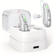Rechargeable BTE Hearing Aids for Seniors – Noise Cancelling, Volume Control, Invisible Design with Charging Case (1 Pair)