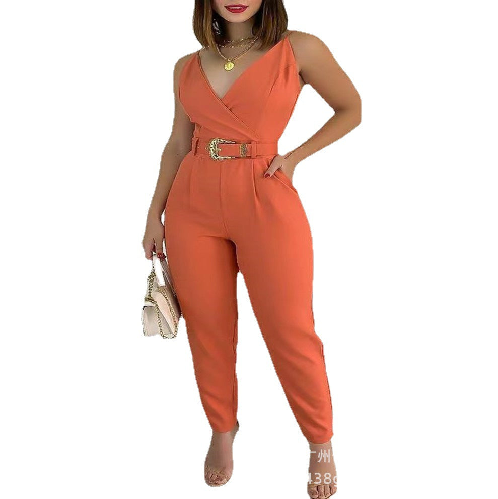 Women's V-Neck Lace-Up Solid Casual Jumpsuit