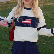 Preppy Flag Knit Sweater - Cozy Long Sleeve Pullover