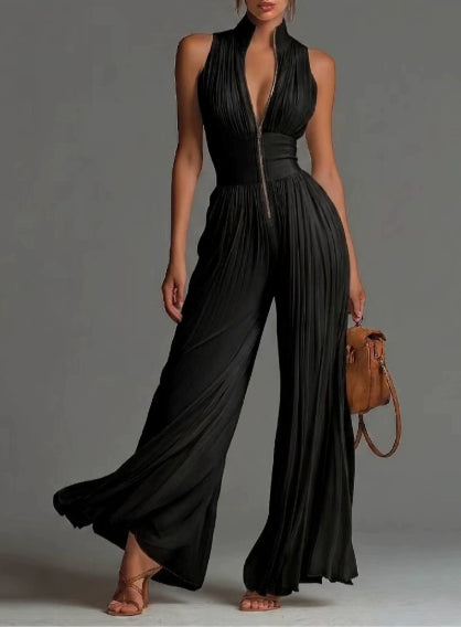 Elegant White Pleated Halter Wide-Leg Jumpsuit
