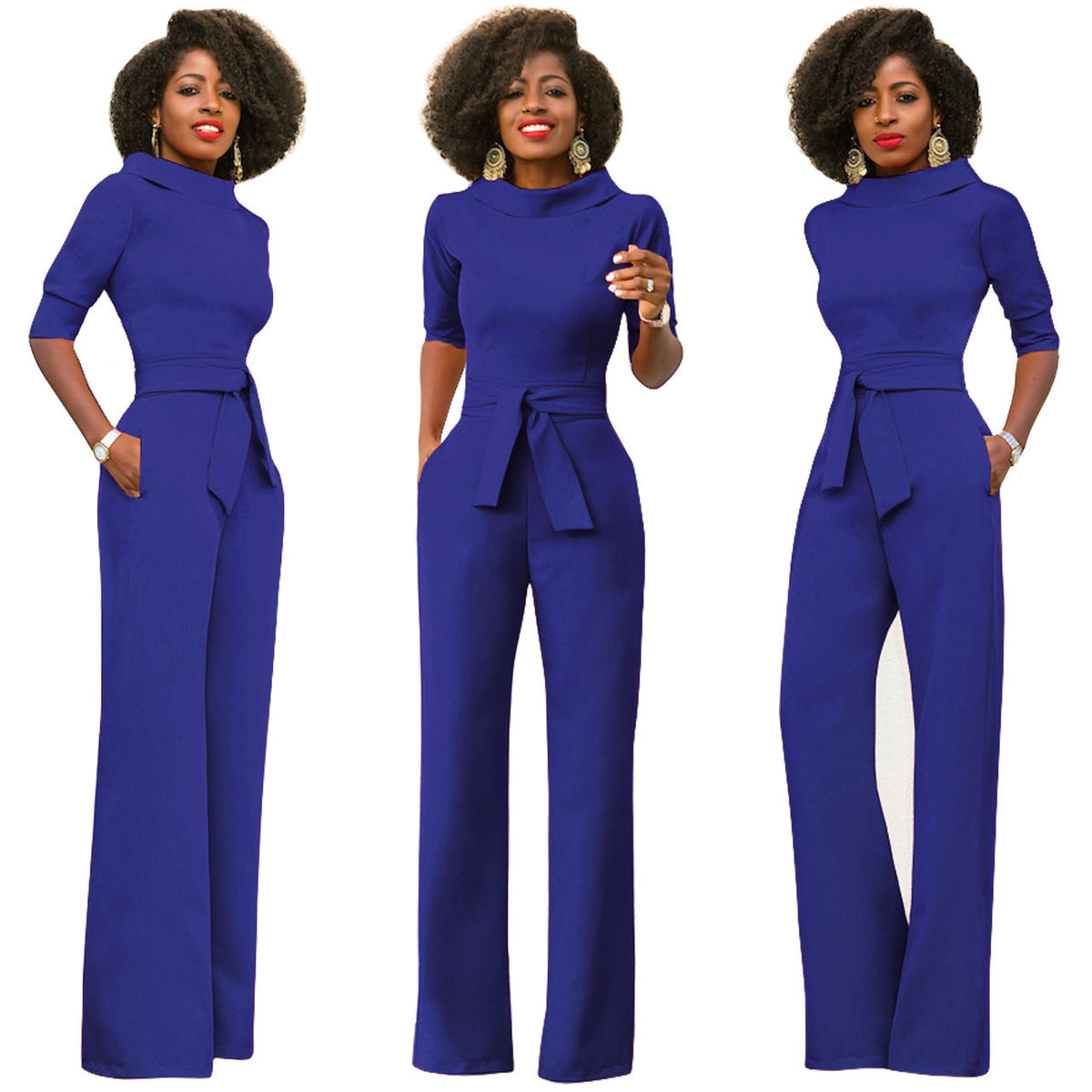 Women's Solid Color Five Quarter Sleeve High Waist Wide Leg Jumpsuit
