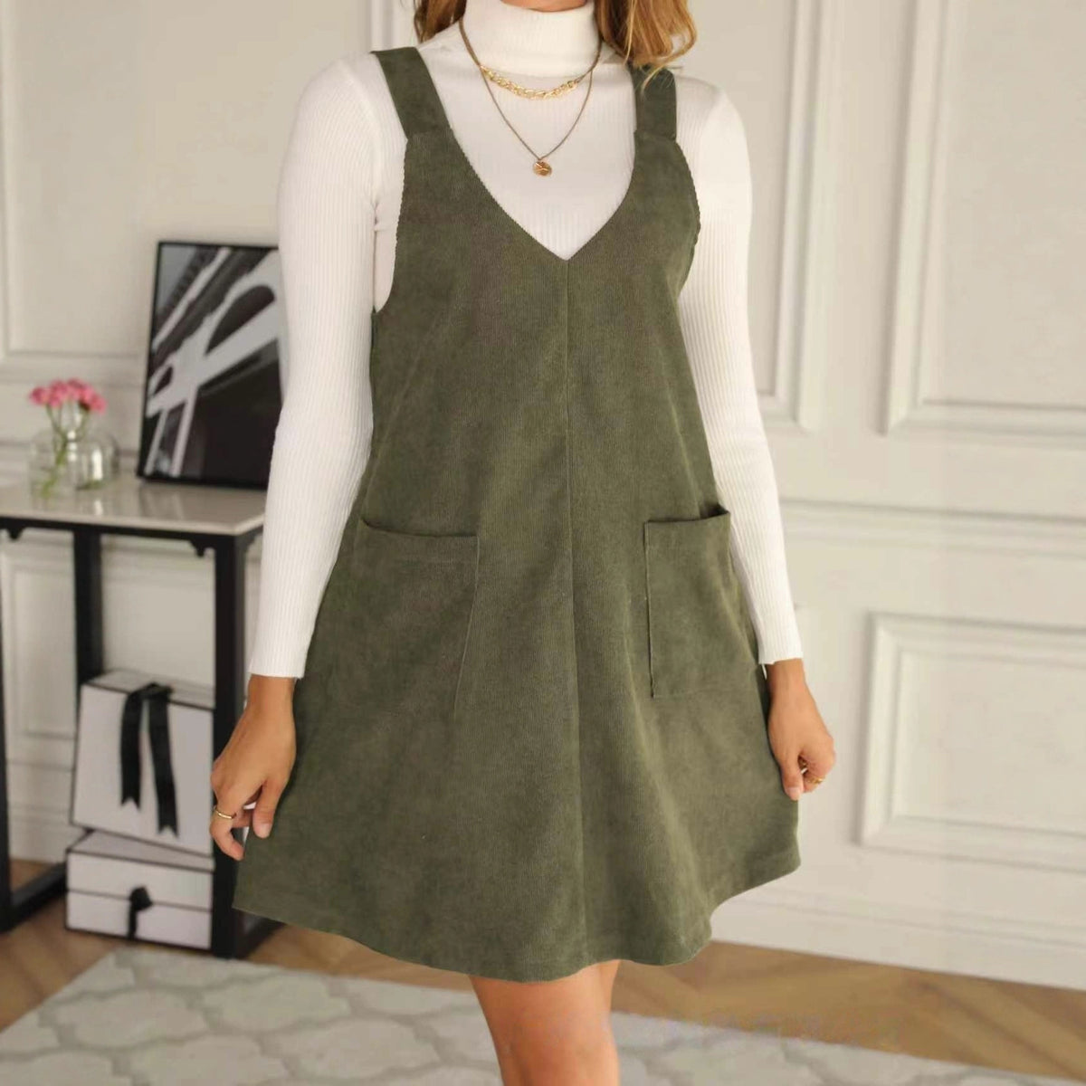 Trendy V-Neck Solid Corduroy Suspender Dress