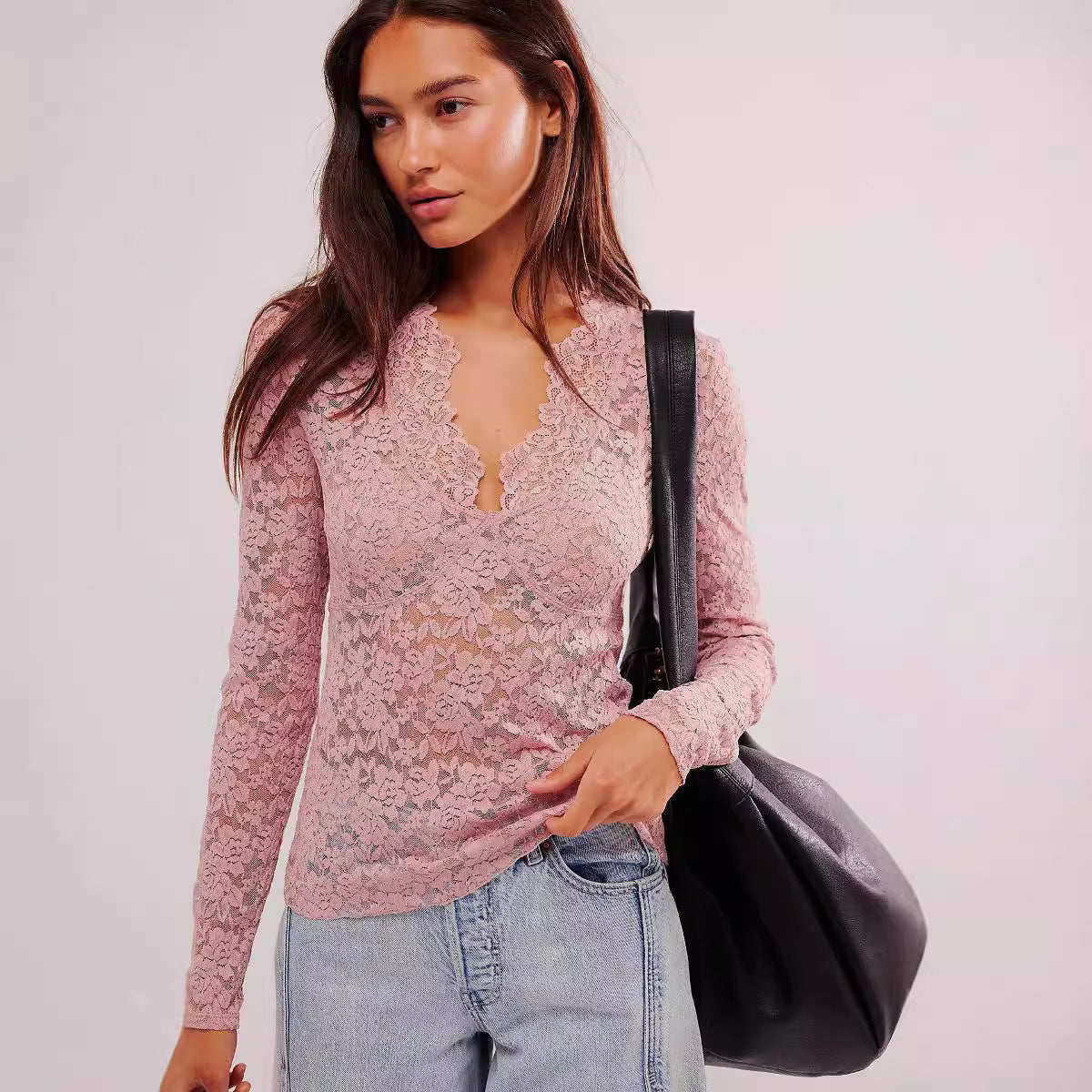 Hollow Lace Long-sleeved Top Bottoming Shirt V-neck