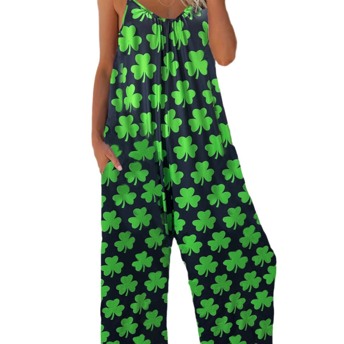 Womens SpringSummer Bohemian-Style Printed Pleated Jumpsuit With Straps