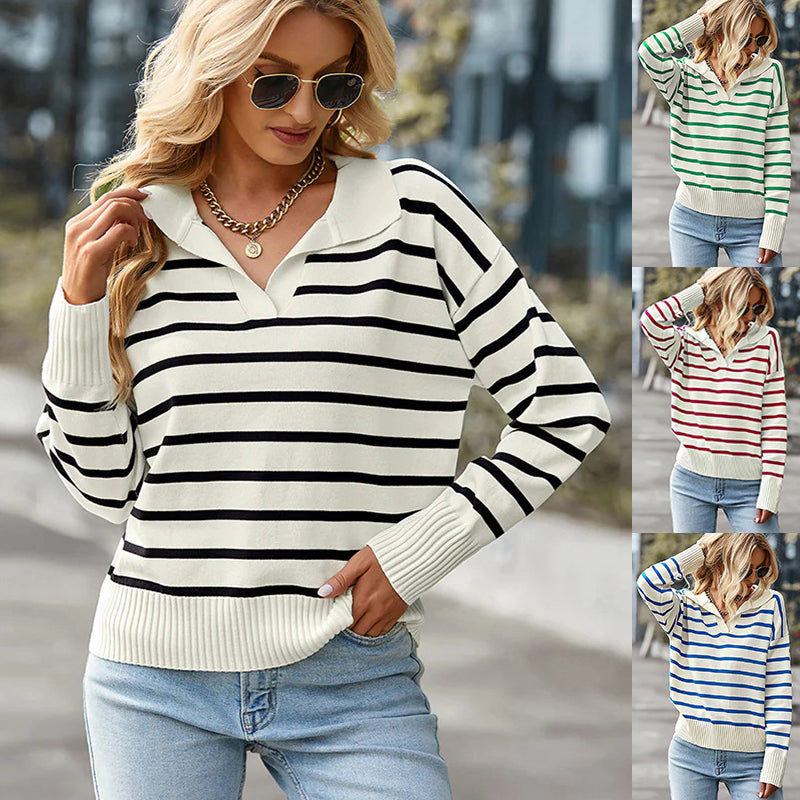 Women's Striped V-Neck Lapel Long Sleeve Casual Sweater