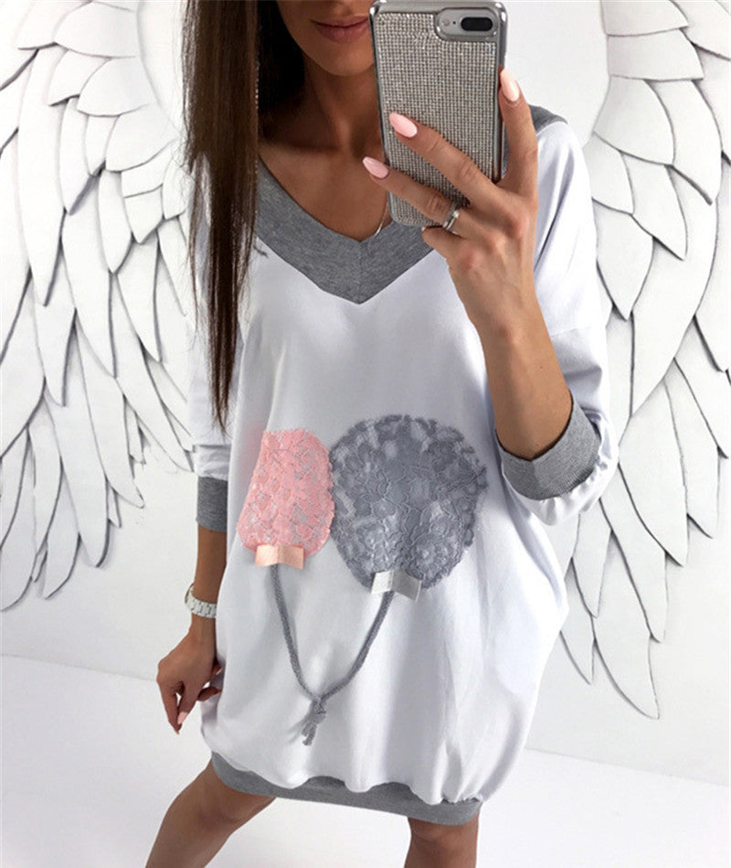 Women's V-neck Color-block Loose Lace Printed Mid-length Long Sleeve Sweater