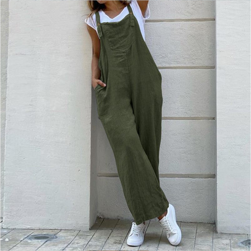 High Waist Sling Solid Color Long Jumpsuit