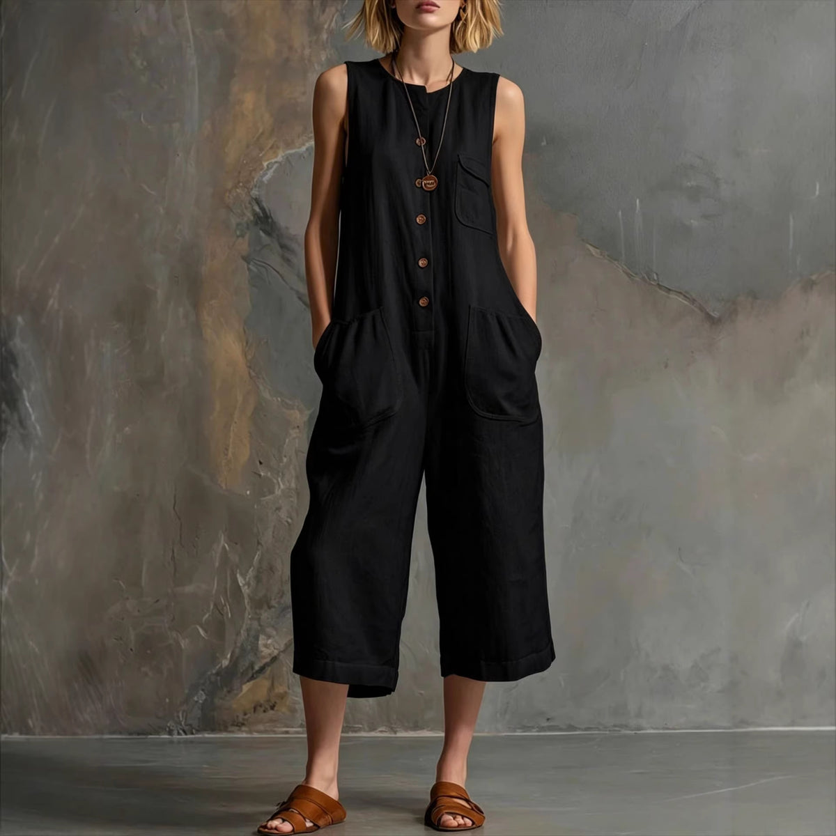 Retro Cotton-Linen Wide-Leg Cropped Jumpsuit