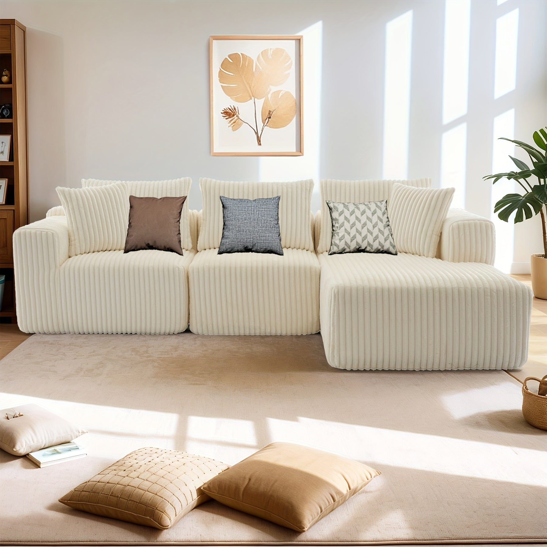 Modular L-shaped chaise longue sofa bed with deep seat and corduroy upholstery