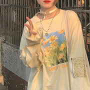 Women's Preppy Oil Painting Print Long Sleeve Crewneck Sweater