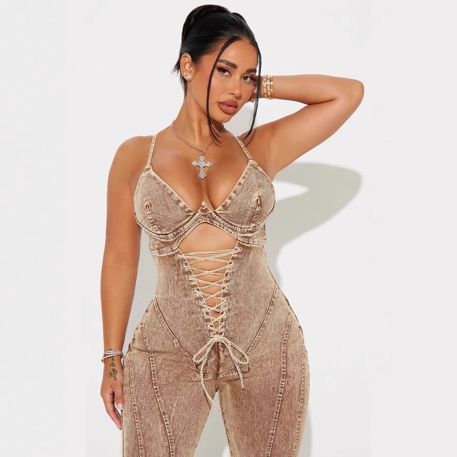 Chic Lace-Up Denim Jumpsuit with Hollowed-Out Waist