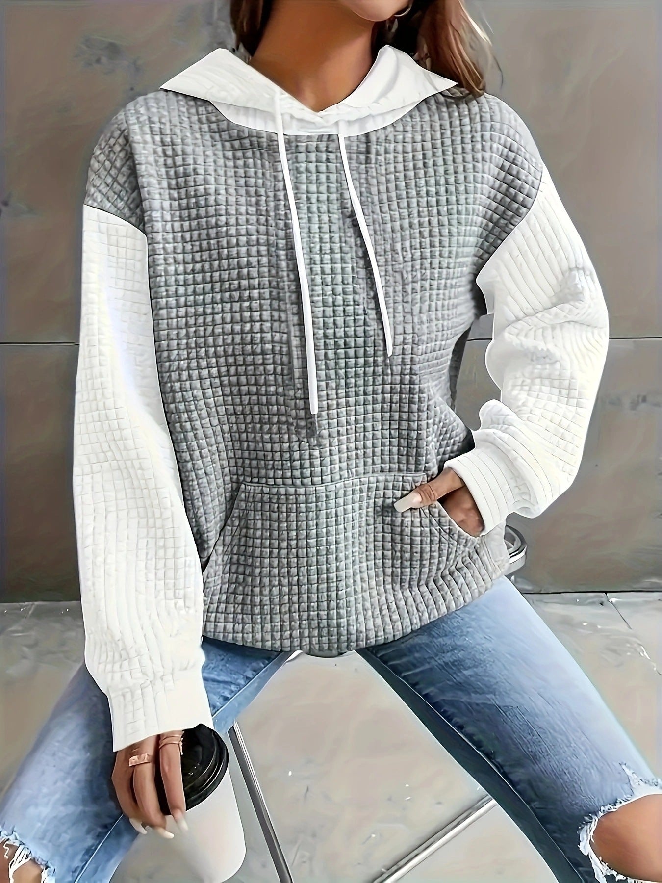 Casual Color Block Loose Pullover Hoodie with Pockets