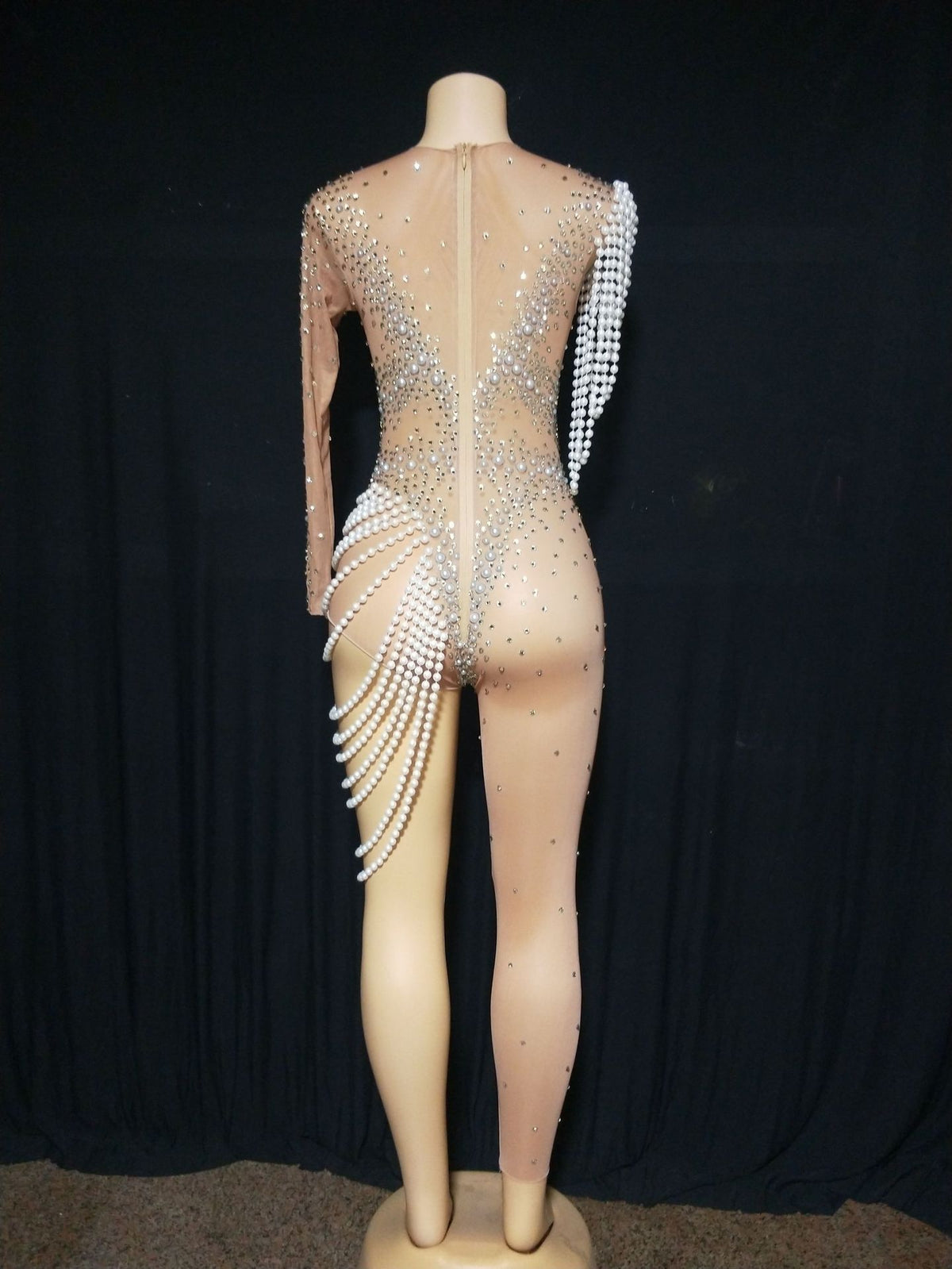 Rhinestone Bead Necklace Stretch Tight Jumpsuit