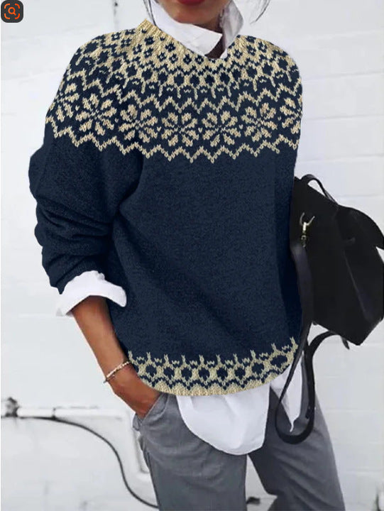 Womens Loose Fashionable Crew-neck Knit Sweater