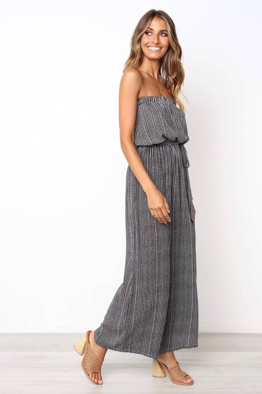 Women's Striped Strapless Wide-Leg Lace-Up Jumpsuit