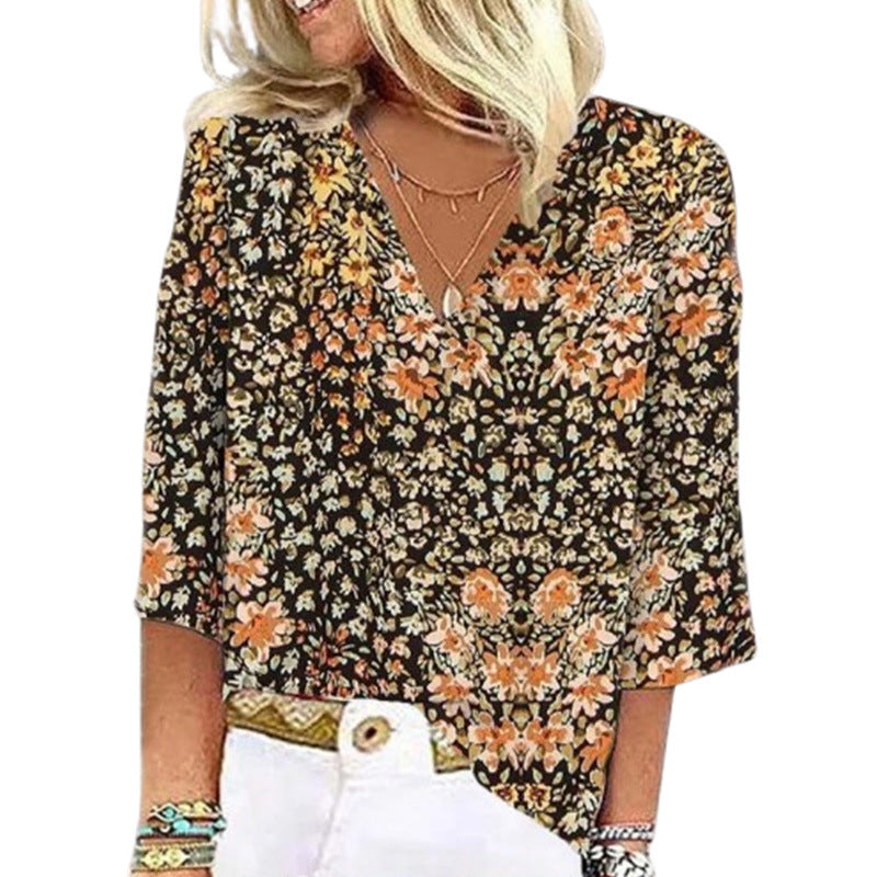 Fall Women's Clothing 3D Printed V-neck Pullover Top