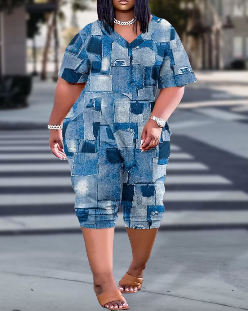Plus Size V-Neck Printed Pocket Jumpsuit