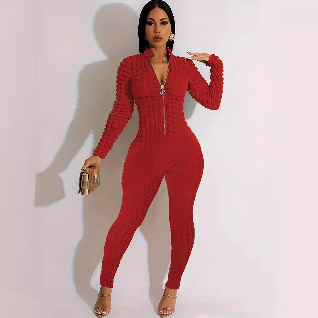 Solid Color Casual Popcorn Seersucker Zipper Jumpsuit