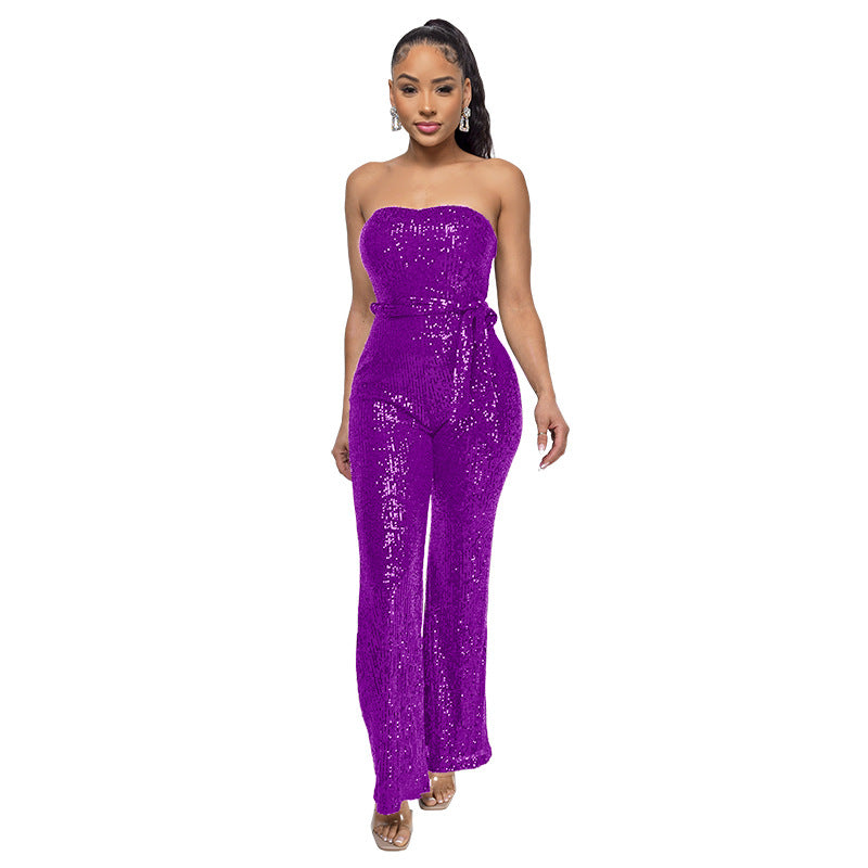 Solid-color Womens Tube Top Backless Jumpsuit