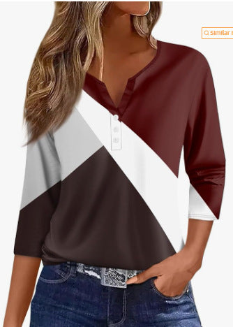 Women's T-shirt V-neck Half-open Tube Three-button Printed 34 Sleeves Top