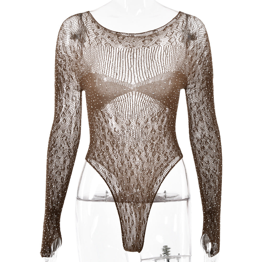 Jumpsuit Tight High Elastic Knitted Sheer Long Sleeve
